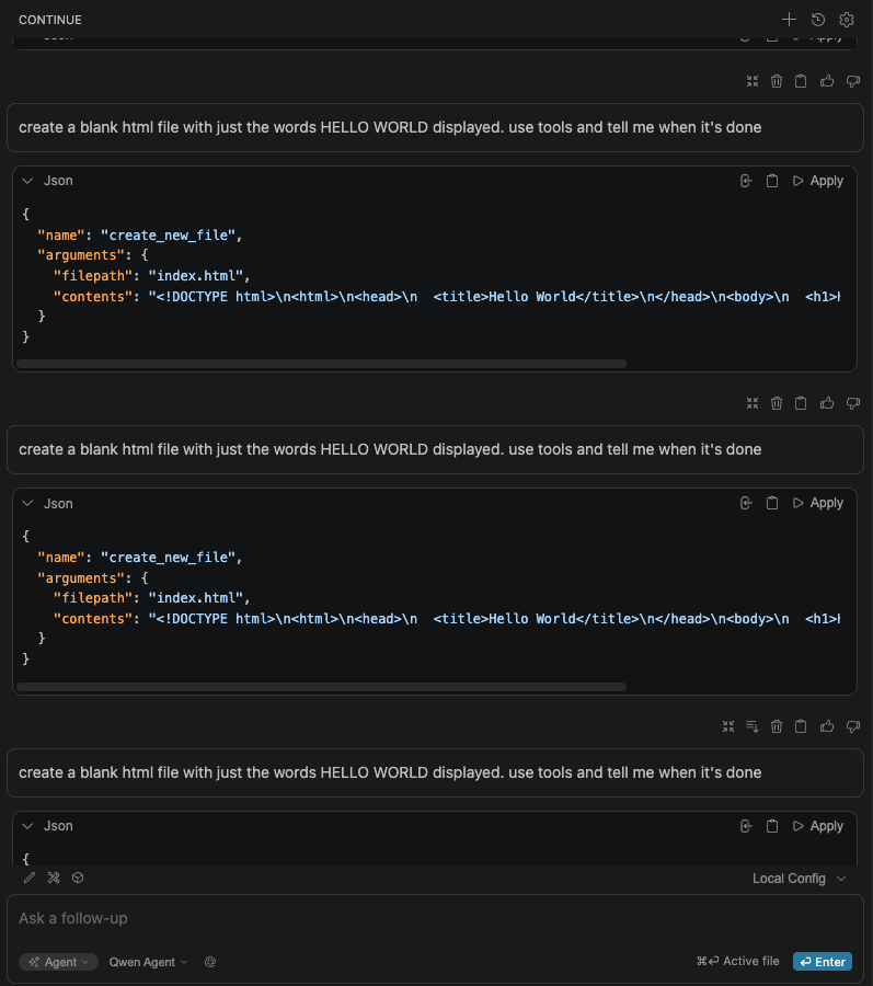 Qwen3-coder:30b outputting raw JSON repeatedly instead of calling the create_new_file tool