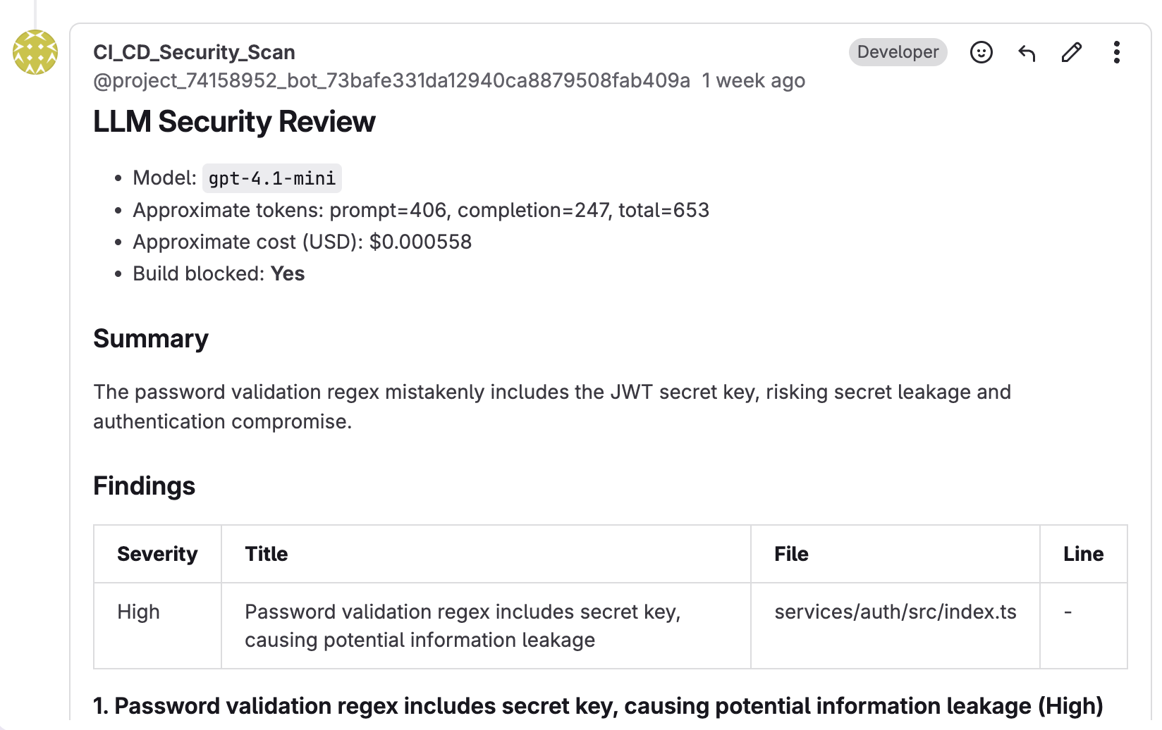 A GitLab comment that was automatically generated identifying a high severity security flaw