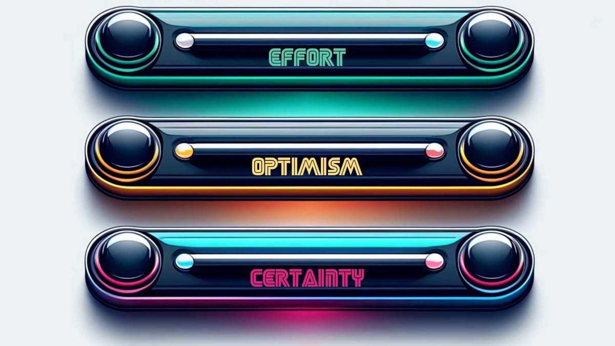 Three futuristic-looking slider bars stacked on top of each other with the labels, in order: EFFORT, OPTIMISM, and CERTAINTY