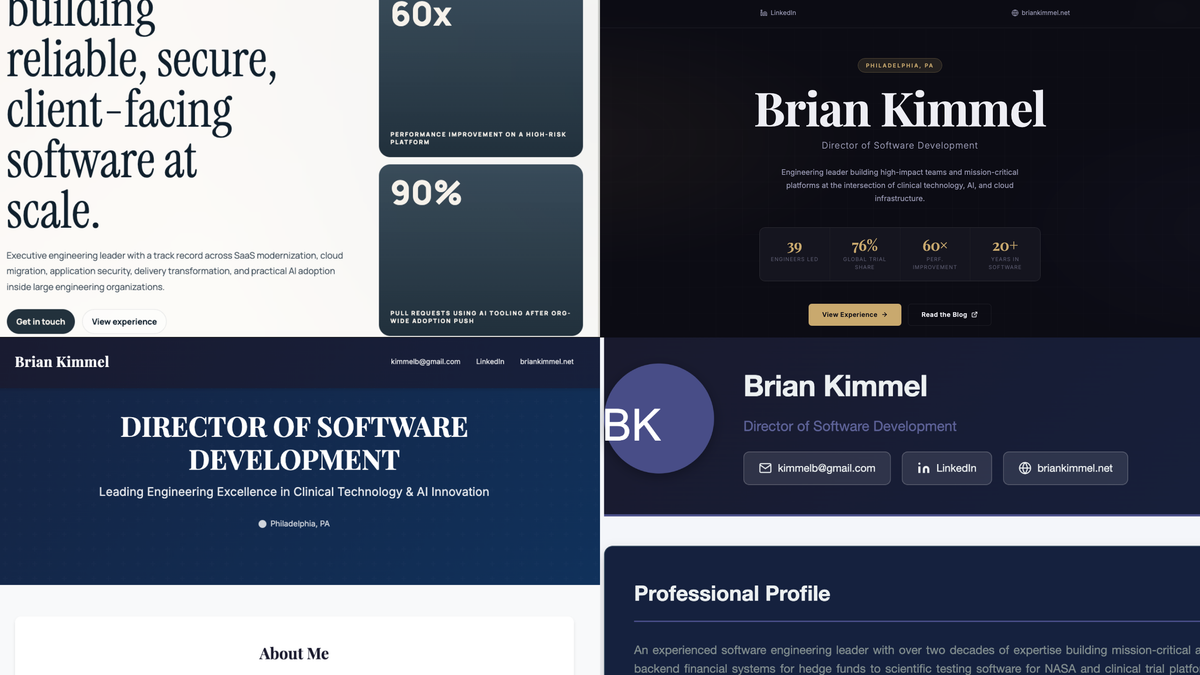 Four different takes on a professional portfolio website from four different models, arranged in a square